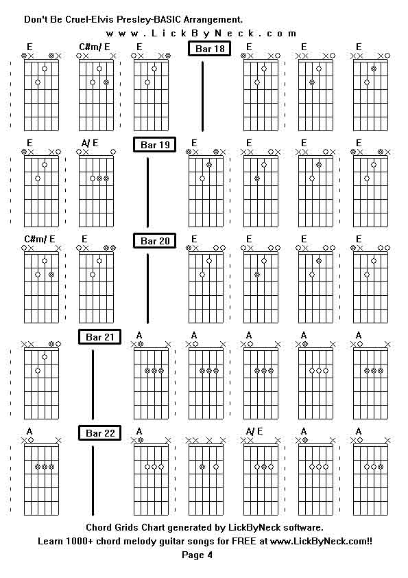 Chord Grids Chart of chord melody fingerstyle guitar song-Don't Be Cruel-Elvis Presley-BASIC Arrangement,generated by LickByNeck software.